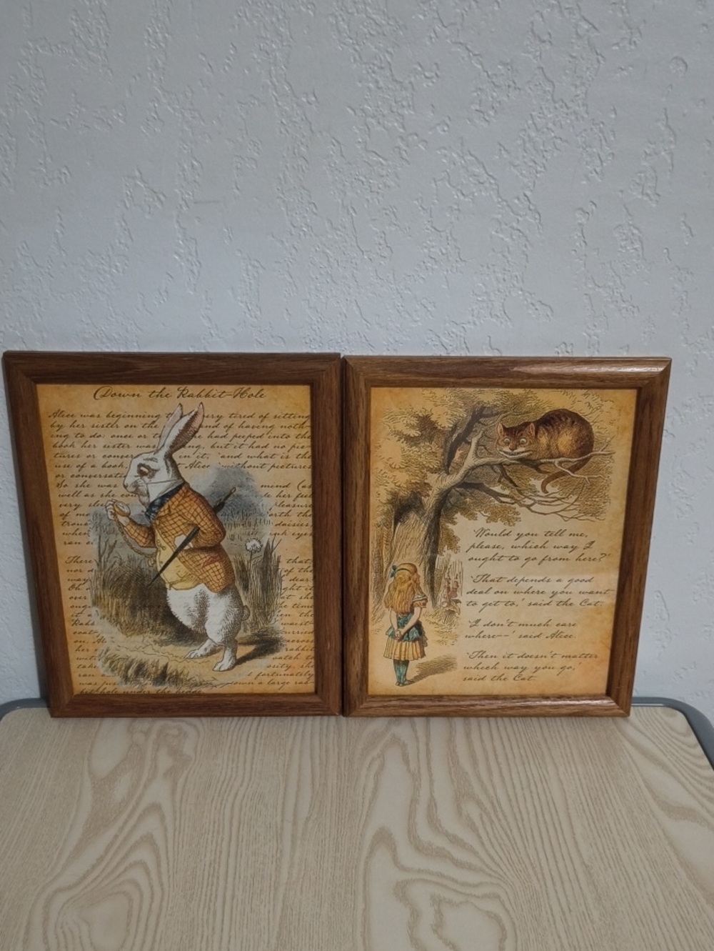 Alice in Wonderland Pair Of Framed Vintage Artwork Prints  / Wood Frames